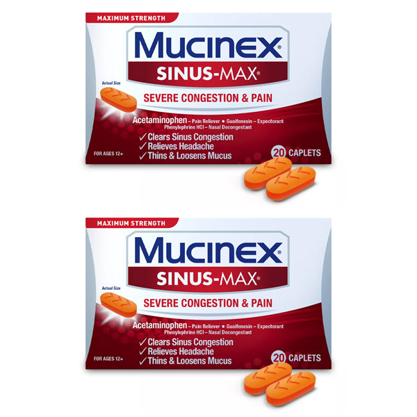 Two boxes of Mucinex Sinus-Max Severe Congestion Relief Caplets (2 Pack, 20 count each) by Mucinex are displayed, with three orange caplets in front of each box for congestion relief.